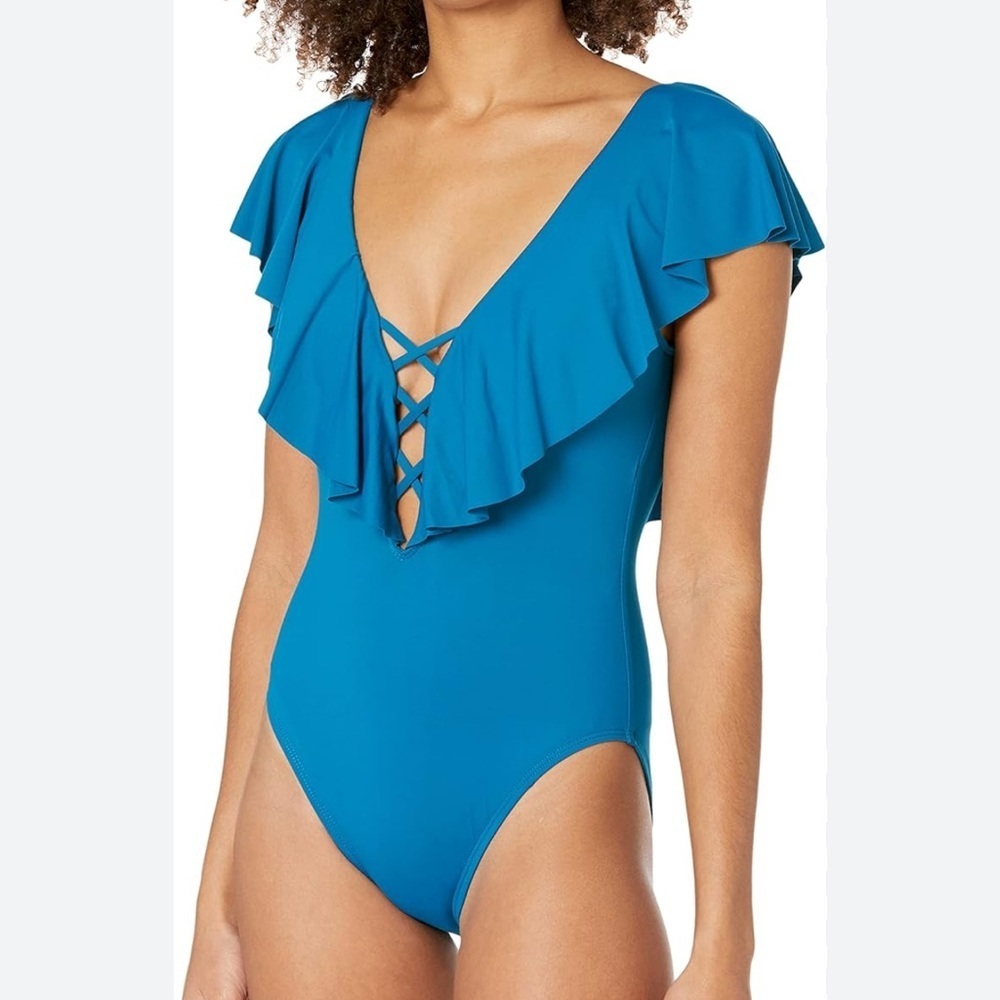 Jantzen Turquoise Island Goddess Ruffled V Neck One Piece Swimsuit SZ 12